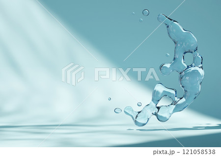 Empty scene with water splashes and copy space for product placement. Ideal for highlighting premium goods. Fresh, blue color. Beautiful light and shadows effect. Product display mockup. 3D render. 121058538