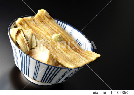 わさびとガリが乗ってる穴子丼を黒背景で撮影 わさびとガリが乗ってる穴子丼を黒背景で撮影 121058602