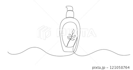 Liquid soap one continuous line illustration. Hand drawn doodle sketch of hygiene bottle Liquid soap one continuous line illustration. Hand drawn doodle sketch of hygiene bottle 121058764