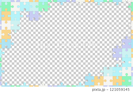 A jigsaw puzzle pattern with pastel colored pieces coming together towards the top left 121059145