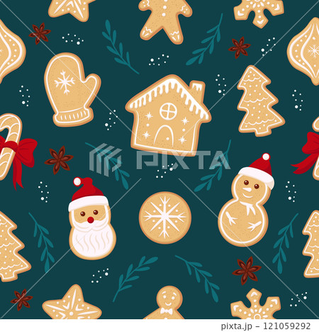 Christmas seamless pattern with gingerbread cookies. Cute vector illustration. Christmas seamless pattern with gingerbread cookies. Cute vector illustration. 121059292