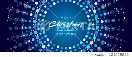 Festive blue background with light decoration. Christmas luxurious template with sparkling garlands and snowflakes. Festive blue background with light decoration. Christmas luxurious template with sparkling garlands and snowflakes. 121059296
