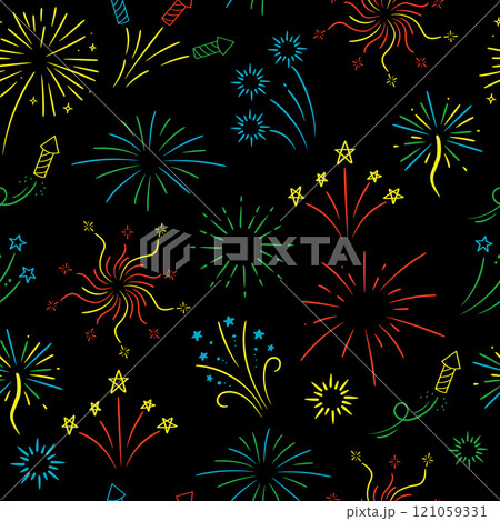 Colorful fireworks with stars and sparks on black background. Vector seamless pattern. 121059331
