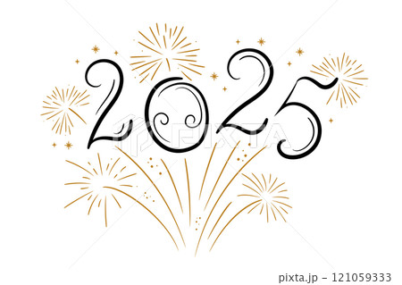 2025 New Year on white background. Golden and black lettering and fireworks. Hand drawn vector illustration. 121059333