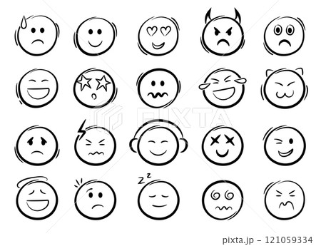 Doodle emoji face icons set. Sketch style ink brush vector signs. Doodle emoji face icons set. Sketch style ink brush vector signs. 121059334