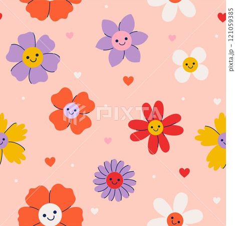 Seamless pattern with cute smiling flowers. Vector graphics. Seamless pattern with cute smiling flowers. Vector graphics. 121059385