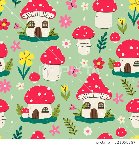 Seamless pattern of fly agarics and fairy houses of fly agarics 121059387