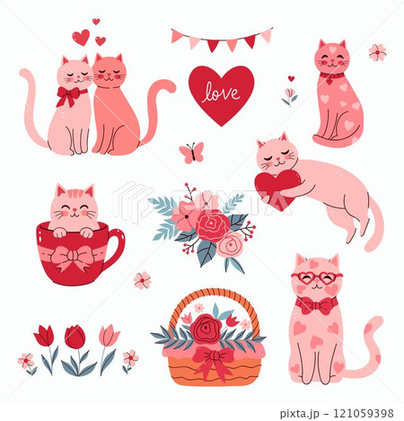 Set of cute cats and flowers for Valentine s Day. Vector graphics. 121059398