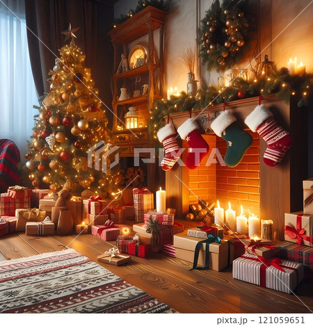 プレゼントに囲まれたクリスマスツリーと暖炉のイラスト素材