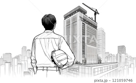 建設中の高層ビルを眺める建設作業員 121059746