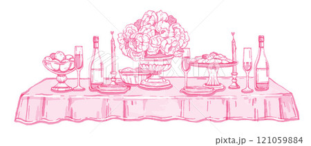 Wedding served table illustration, vector watercolor hand drawn romantic dinner, Italian date doodle Wedding served table illustration, vector watercolor hand drawn romantic dinner, Italian date doodle 121059884