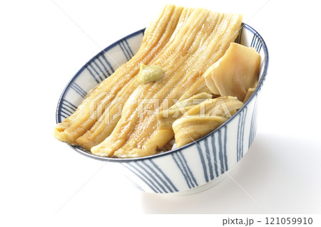 わさびとガリが乗ってる穴子丼を白背景で撮影 121059910