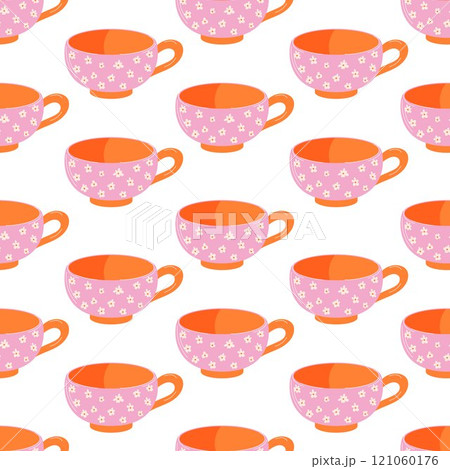 Seamless pattern with orange cup with pink floral design on a white background in flat style. Perfect for home decor, gift wrapping, fabric print and creative project. 121060176
