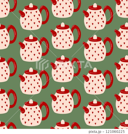 Seamless pattern with red teapots decorated with heart on a green background in flat style. Ideal for textile, wallpaper and wrapping paper with a cozy and charming theme. Seamless pattern with red teapots decorated with heart on a green background in flat style. Ideal for textile, wallpaper and wrapping paper with a cozy and charming theme. 121060225