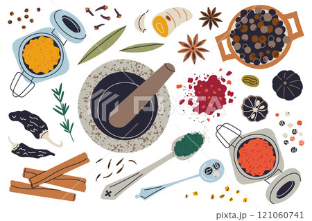 Vector illustration of flat cartoon spice collection with mortar, pestle, and colorful ingredients like cloves, cinnamon, turmeric, star anise. Perfect for food design, seasoning, and kitchen decor Vector illustration of flat cartoon spice collection with mortar, pestle, and colorful ingredients like cloves, cinnamon, turmeric, star anise. Perfect for food design, seasoning, and kitchen decor 121060741