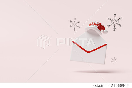3d open envelope with Santa Claus hat, snowflake isolated on pink background. happiness cards, merry christmas, festive New Year, 3d render illustration 3d open envelope with Santa Claus hat, snowflake isolated on pink background. happiness cards, merry christmas, festive New Year, 3d render illustration 121060905