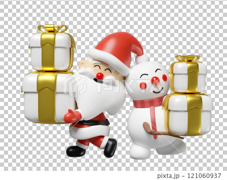 3d santa claus and snowman holding gift box isolated. happiness cards, merry christmas, festive New Year, 3d render illustration 3d santa claus and snowman holding gift box isolated. happiness cards, merry christmas, festive New Year, 3d render illustration 121060937