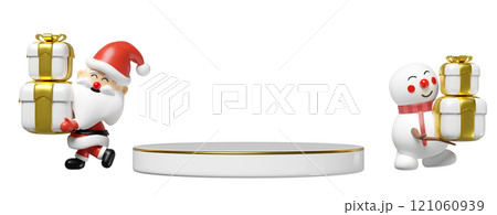 3d Empty podium with santa claus and snowman holding gift box isolated. happiness cards, merry christmas, festive New Year, 3d render illustration 121060939