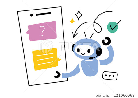 Vector illustration of cute chatbot character helping with communication on mobile device, modern design in flat cartoon style, AI assistance in smartphone app, artificial intelligence concept 121060968