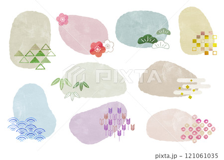 水彩風 和風文様のフレーム イラスト素材セット 水彩風 和風文様のフレーム イラスト素材セット 121061035