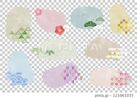 水彩風 和風文様のフレーム イラスト素材セット 水彩風 和風文様のフレーム イラスト素材セット 121061035