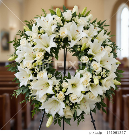 Elegant white floral wreath with lilies and roses in church setting 121061237