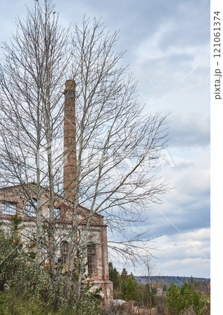 Abandoned destroyed brick building of the Glass Factory 121061374