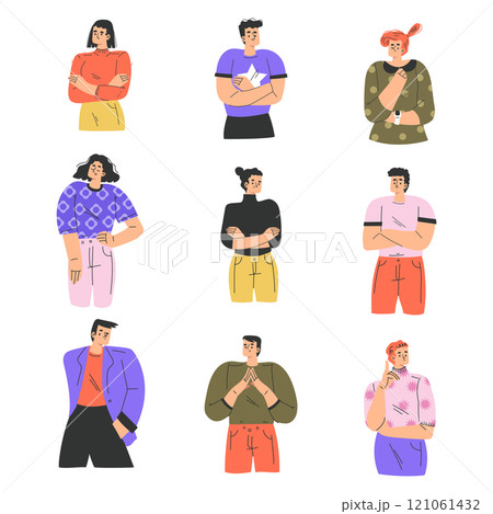 Serious Man and Woman Character with Gesture and Face Expression Vector Set Serious Man and Woman Character with Gesture and Face Expression Vector Set 121061432