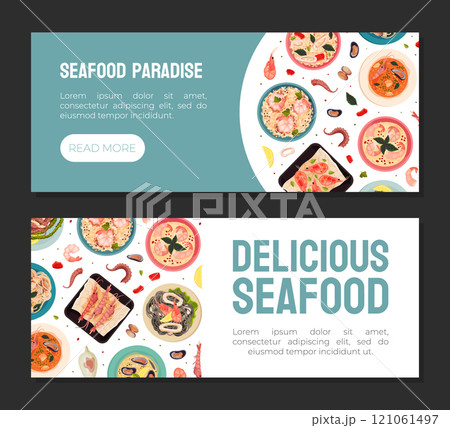 Seafood Dish Banner Design with Served Meal Vector Template 121061497