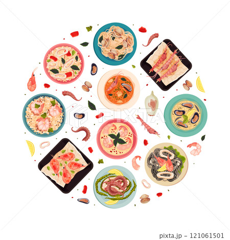 Seafood Dish Round Composition Design with Served Meal Vector Template 121061501