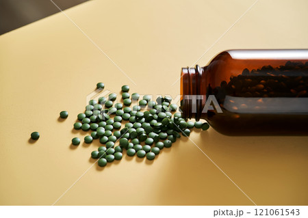 Superfood chlorella in tablet form. Superfood chlorella in tablet form. 121061543