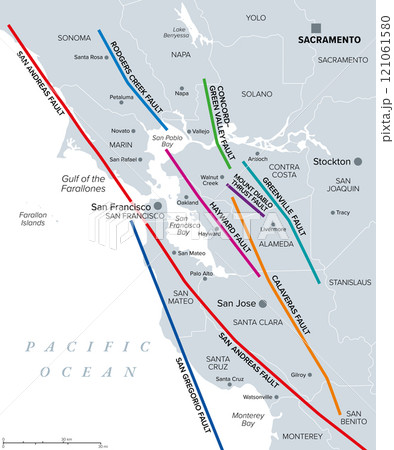 San Francisco Bay Area, major fault lines, gray political map. Bay Area, traversed by major fault systems, stressed by the relative motion between Pacific and North America Plate, causing earthquakes. 121061580