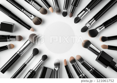 Elegant Arrangement of Cosmetic Beauty Products and Make-up Brushes on a Minimalist White Background Creating a Bold and Captivating Centerpiece for Stylish Visuals 121061752