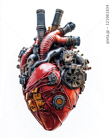 A heart made of metal and wires. The heart has a mechanical look to it. A heart made of metal and wires. The heart has a mechanical look to it. 121061834