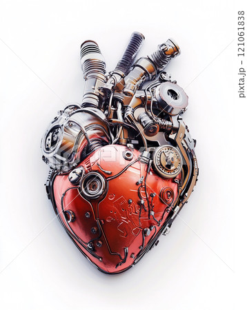 A heart made of metal and wires. The heart has a mechanical look to it. A heart made of metal and wires. The heart has a mechanical look to it. 121061838