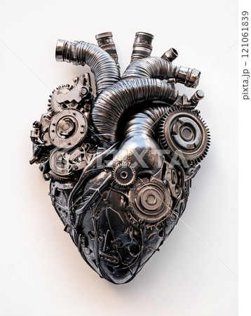 A heart made of metal and wires. The heart has a mechanical look to it. A heart made of metal and wires. The heart has a mechanical look to it. 121061839