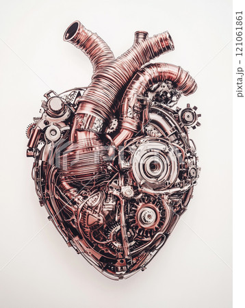 A heart made of metal and wires. The heart has a mechanical look to it.  121061861