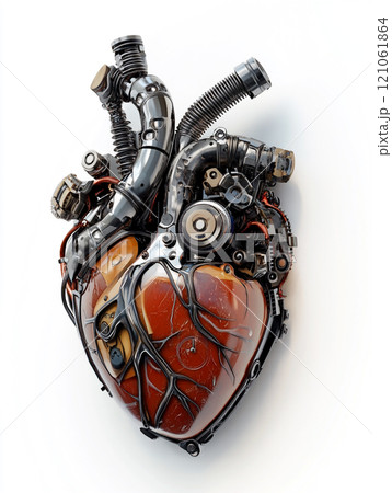 A heart made of metal and wires. The heart has a mechanical look to it.  121061864