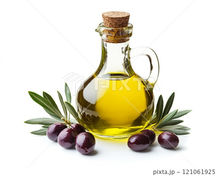 Olive oil in a glass bottle with olives isolated on a white background 121061925