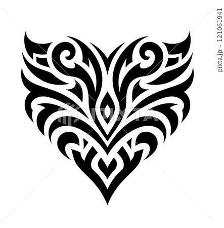 A black decorative heart shaped vector design. A female tattoo in a new tribal style. An elegant symmetrical abstract illustration. AI-generated graphic. 121061941