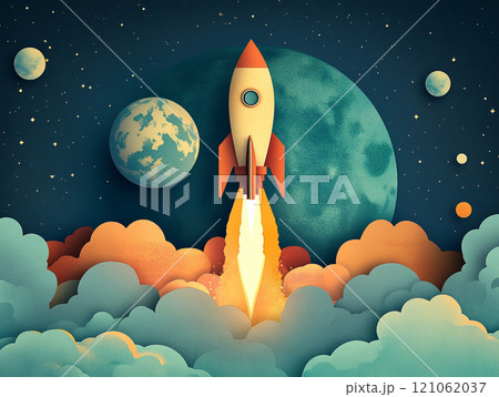 A rocket ship taking off with planets and stars in the background, in the style of paper cut style. 121062037