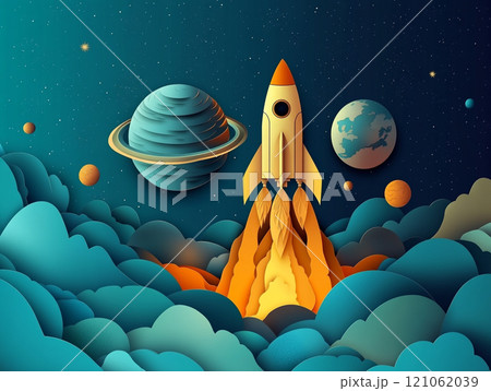A rocket ship taking off with planets and stars in the background, in the style of paper cut style. 121062039