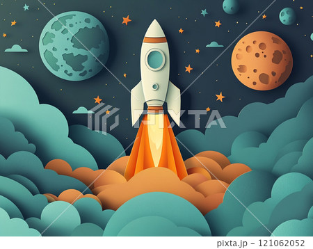 A rocket ship taking off with planets and stars in the background, in the style of paper cut style. 121062052