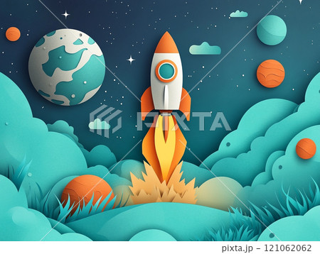 A rocket ship taking off with planets and stars in the background, in the style of paper cut style. 121062062