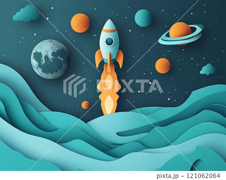 A rocket ship taking off with planets and stars in the background, in the style of paper cut style. 121062064
