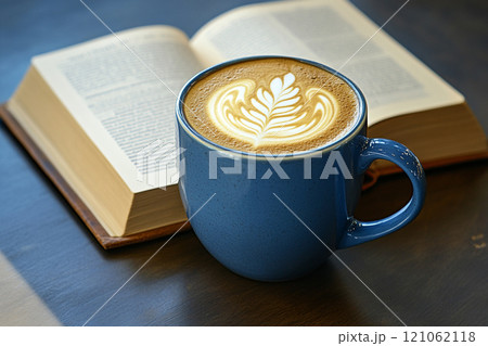 A blue coffee mug with latte art on top of an open book, placed on a table. 121062118