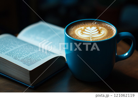 A blue coffee mug with latte art on top of an open book, placed on a table. A blue coffee mug with latte art on top of an open book, placed on a table. 121062119