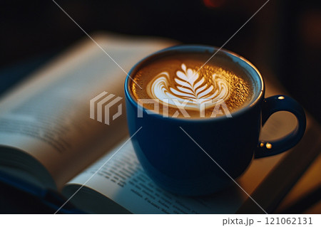 A blue coffee mug with latte art on top of an open book, placed on a table. A blue coffee mug with latte art on top of an open book, placed on a table. 121062131