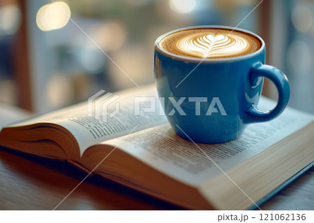 A blue coffee mug with latte art on top of an open book, placed on a table. A blue coffee mug with latte art on top of an open book, placed on a table. 121062136