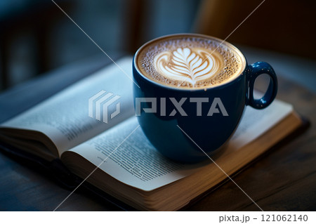 A blue coffee mug with latte art on top of an open book, placed on a table. A blue coffee mug with latte art on top of an open book, placed on a table. 121062140